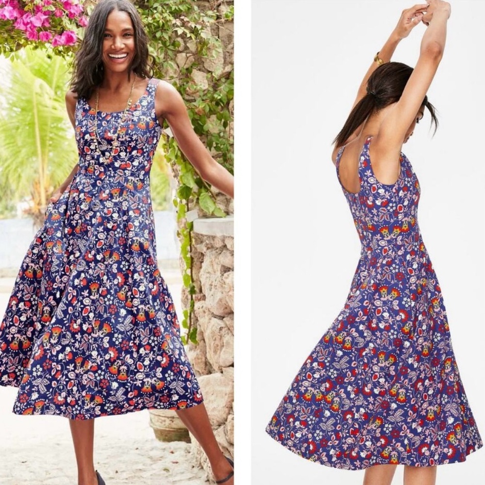 Boden Pleated Floral Fit & Flare Tank MIDI Dress Women 6 Blue - Picture 4 of 10